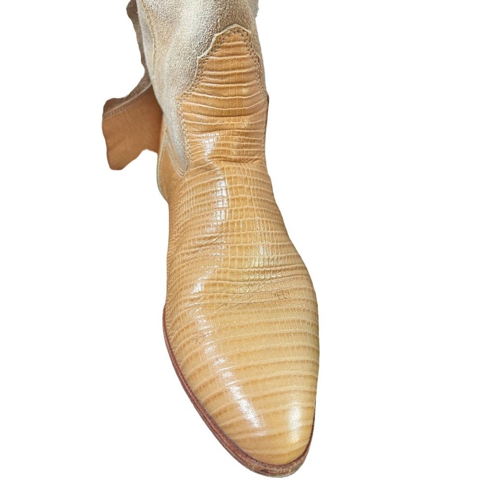Vintage Western Mid Calf Suede & Leather Lizard Embossed Boots Light Tan Size 6 - Picture 3 of 10